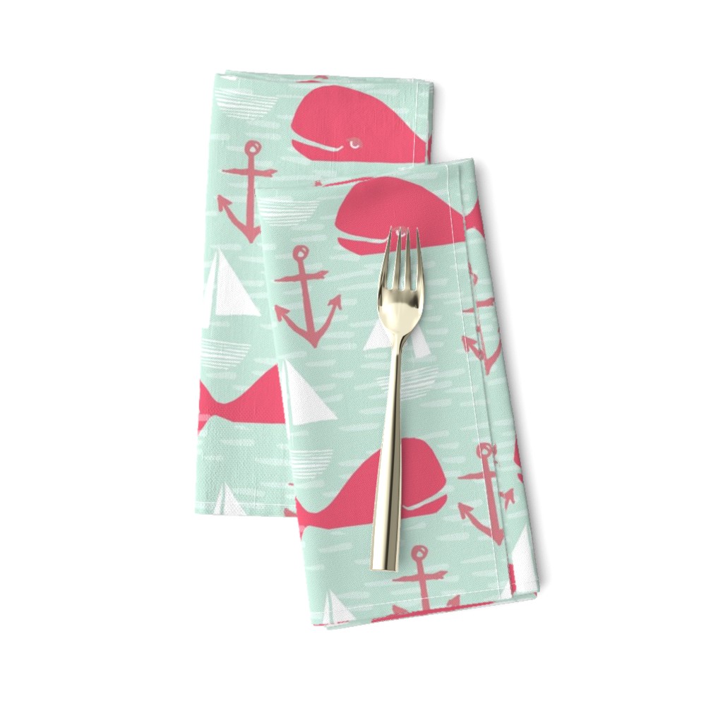 Anchors Away!  Whales // pink and green whale nautical fabric cute whales ocean sailbaots