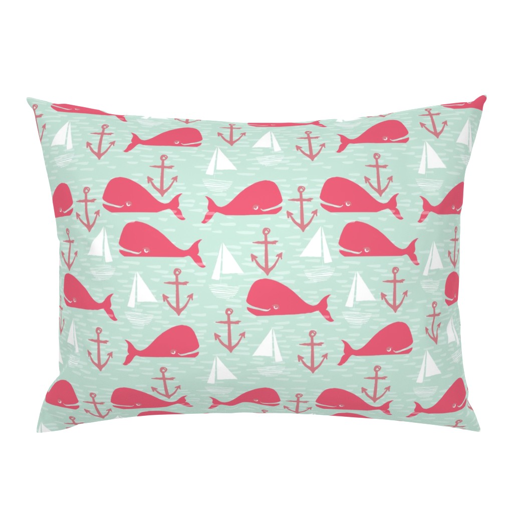 Anchors Away!  Whales // pink and green whale nautical fabric cute whales ocean sailbaots