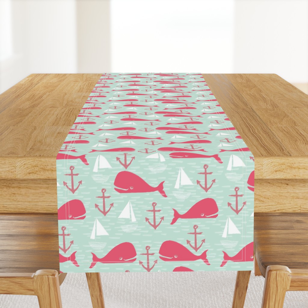 Anchors Away!  Whales // pink and green whale nautical fabric cute whales ocean sailbaots