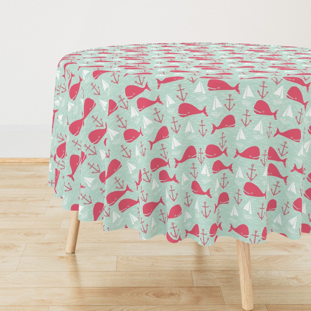 Anchors Away!  Whales // pink and green whale nautical fabric cute whales ocean sailbaots