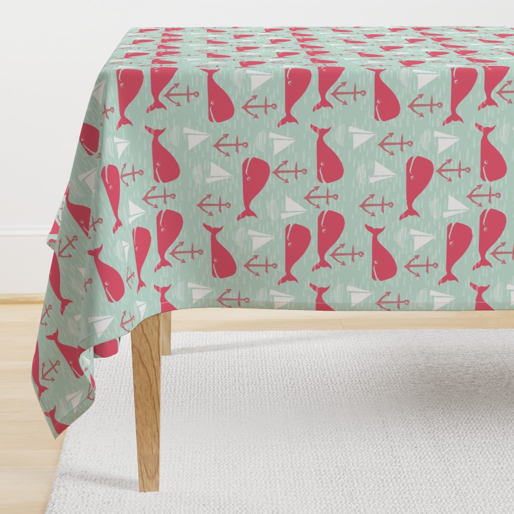 Anchors Away!  Whales // pink and green whale nautical fabric cute whales ocean sailbaots