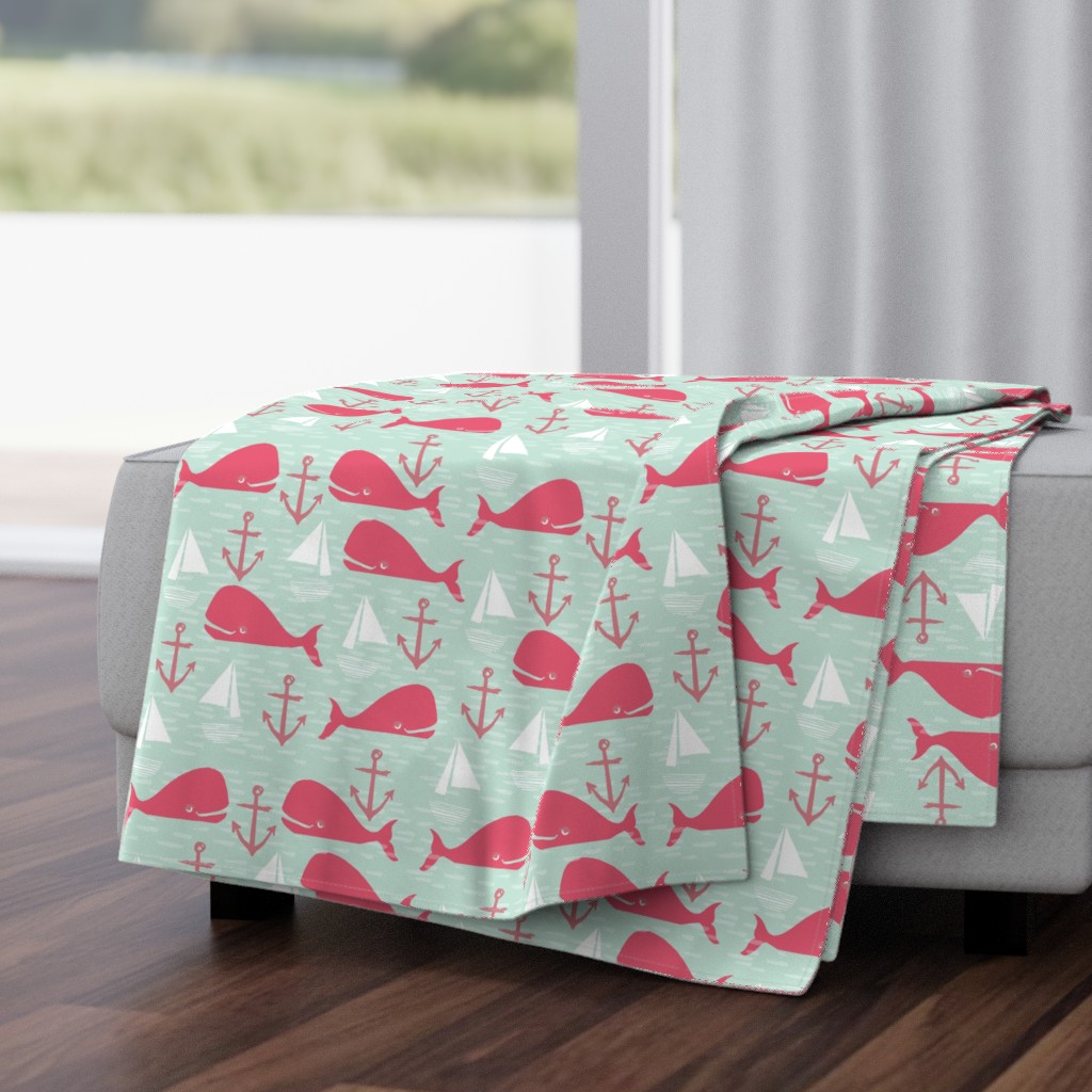 Anchors Away!  Whales // pink and green whale nautical fabric cute whales ocean sailbaots