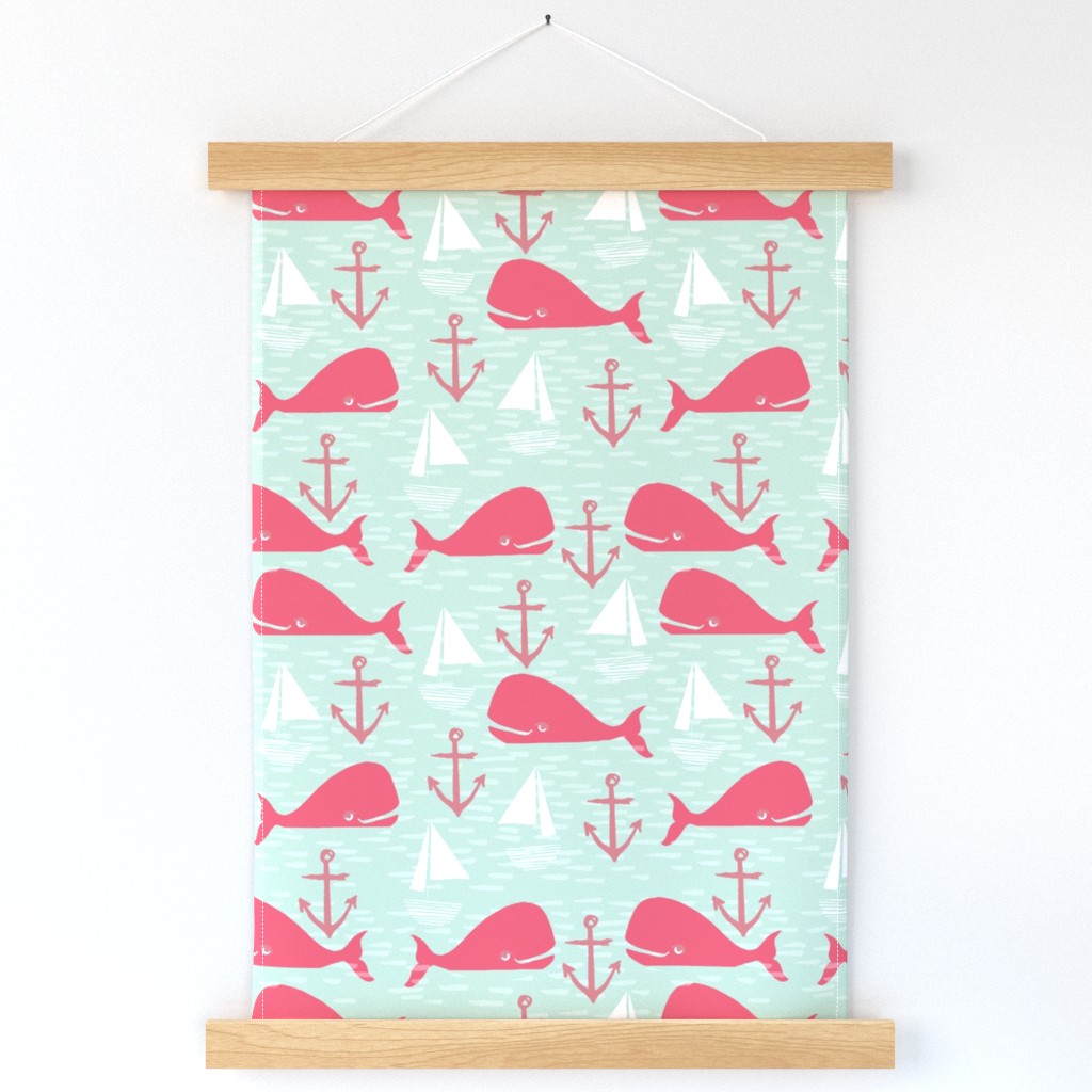 Anchors Away!  Whales // pink and green whale nautical fabric cute whales ocean sailbaots