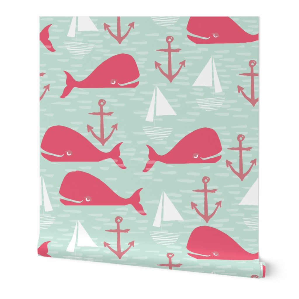 Anchors Away!  Whales // pink and green whale nautical fabric cute whales ocean sailbaots