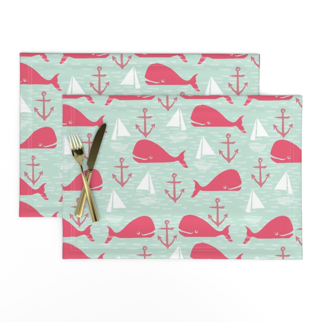 Anchors Away!  Whales // pink and green whale nautical fabric cute whales ocean sailbaots