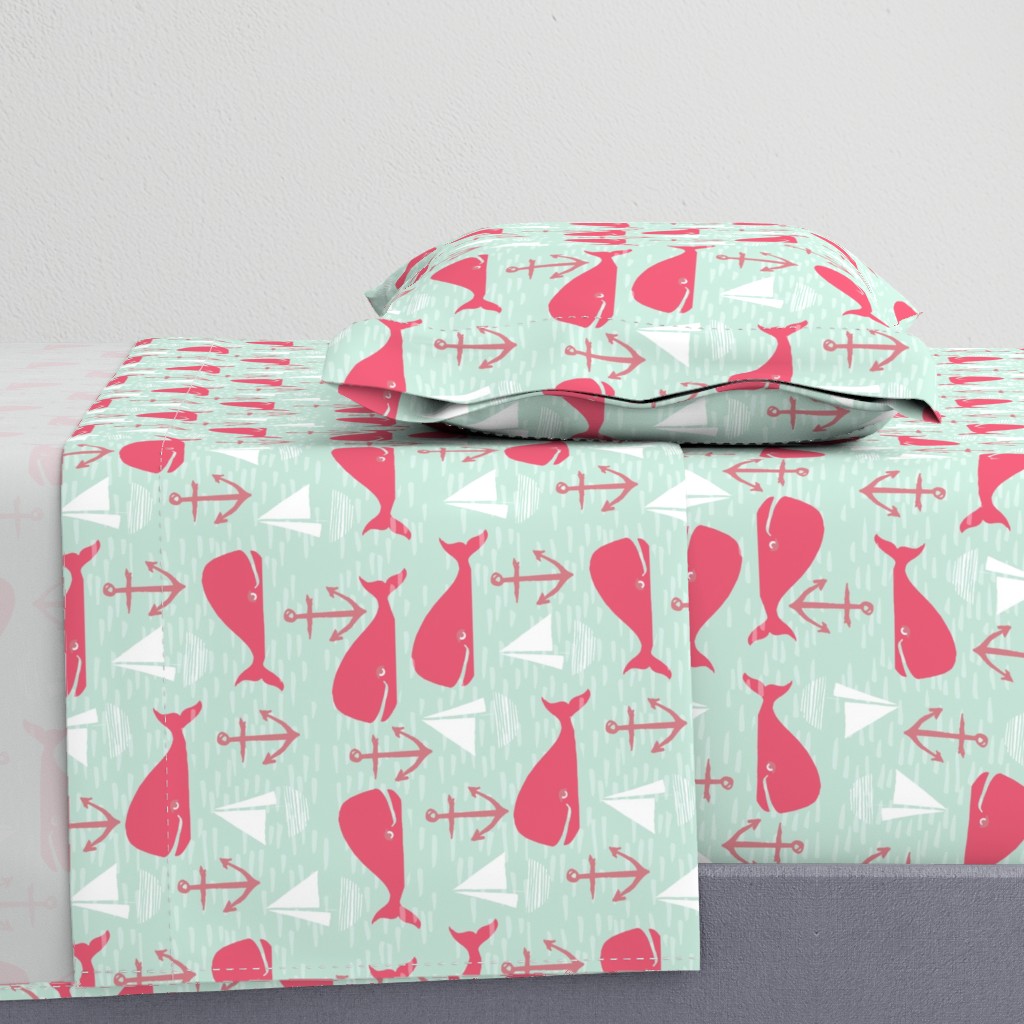 Anchors Away!  Whales // pink and green whale nautical fabric cute whales ocean sailbaots