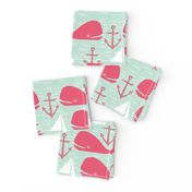 Anchors Away!  Whales // pink and green whale nautical fabric cute whales ocean sailbaots