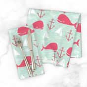 Anchors Away!  Whales // pink and green whale nautical fabric cute whales ocean sailbaots