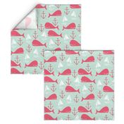 Anchors Away!  Whales // pink and green whale nautical fabric cute whales ocean sailbaots