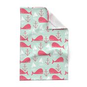 Anchors Away!  Whales // pink and green whale nautical fabric cute whales ocean sailbaots