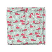 Anchors Away!  Whales // pink and green whale nautical fabric cute whales ocean sailbaots