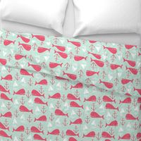 Anchors Away!  Whales // pink and green whale nautical fabric cute whales ocean sailbaots