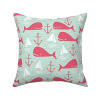 Anchors Away!  Whales // pink and green whale nautical fabric cute whales ocean sailbaots