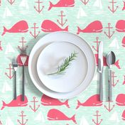 Anchors Away!  Whales // pink and green whale nautical fabric cute whales ocean sailbaots