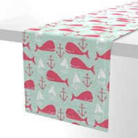 Anchors Away!  Whales // pink and green whale nautical fabric cute whales ocean sailbaots