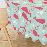 Anchors Away!  Whales // pink and green whale nautical fabric cute whales ocean sailbaots