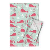 Anchors Away!  Whales // pink and green whale nautical fabric cute whales ocean sailbaots