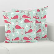 Anchors Away!  Whales // pink and green whale nautical fabric cute whales ocean sailbaots