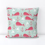 Anchors Away!  Whales // pink and green whale nautical fabric cute whales ocean sailbaots