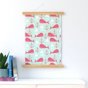 Anchors Away!  Whales // pink and green whale nautical fabric cute whales ocean sailbaots