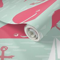 Anchors Away!  Whales // pink and green whale nautical fabric cute whales ocean sailbaots