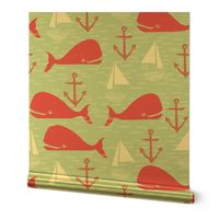 Anchors Away!  Whales // pink and green whale nautical fabric cute whales ocean sailbaots