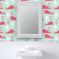 Anchors Away!  Whales // pink and green whale nautical fabric cute whales ocean sailbaots