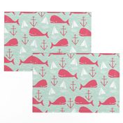 Anchors Away!  Whales // pink and green whale nautical fabric cute whales ocean sailbaots