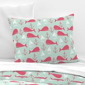 Anchors Away!  Whales // pink and green whale nautical fabric cute whales ocean sailbaots