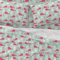 Anchors Away!  Whales // pink and green whale nautical fabric cute whales ocean sailbaots