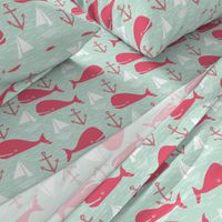 Anchors Away!  Whales // pink and green whale nautical fabric cute whales ocean sailbaots