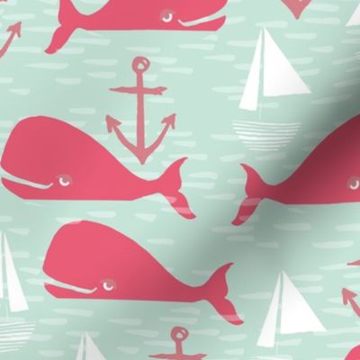 Anchors Away!  Whales // pink and green whale nautical fabric cute whales ocean sailbaots