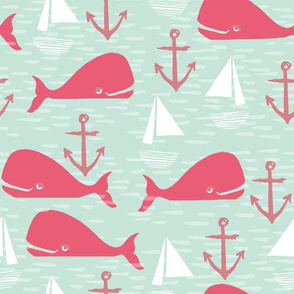 Anchors Away!  Whales // pink and green whale nautical fabric cute whales ocean sailbaots