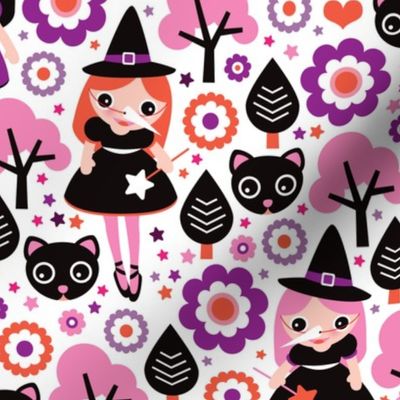 Little kittens and witch halloween pattern