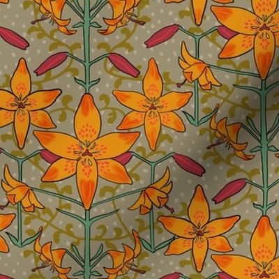 Art Nouveau Lilies Orange Burgundy and Gray