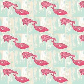 pink whales in a swirling sea