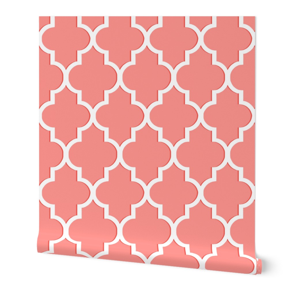 Dimensional Quatrefoil in Coral and White