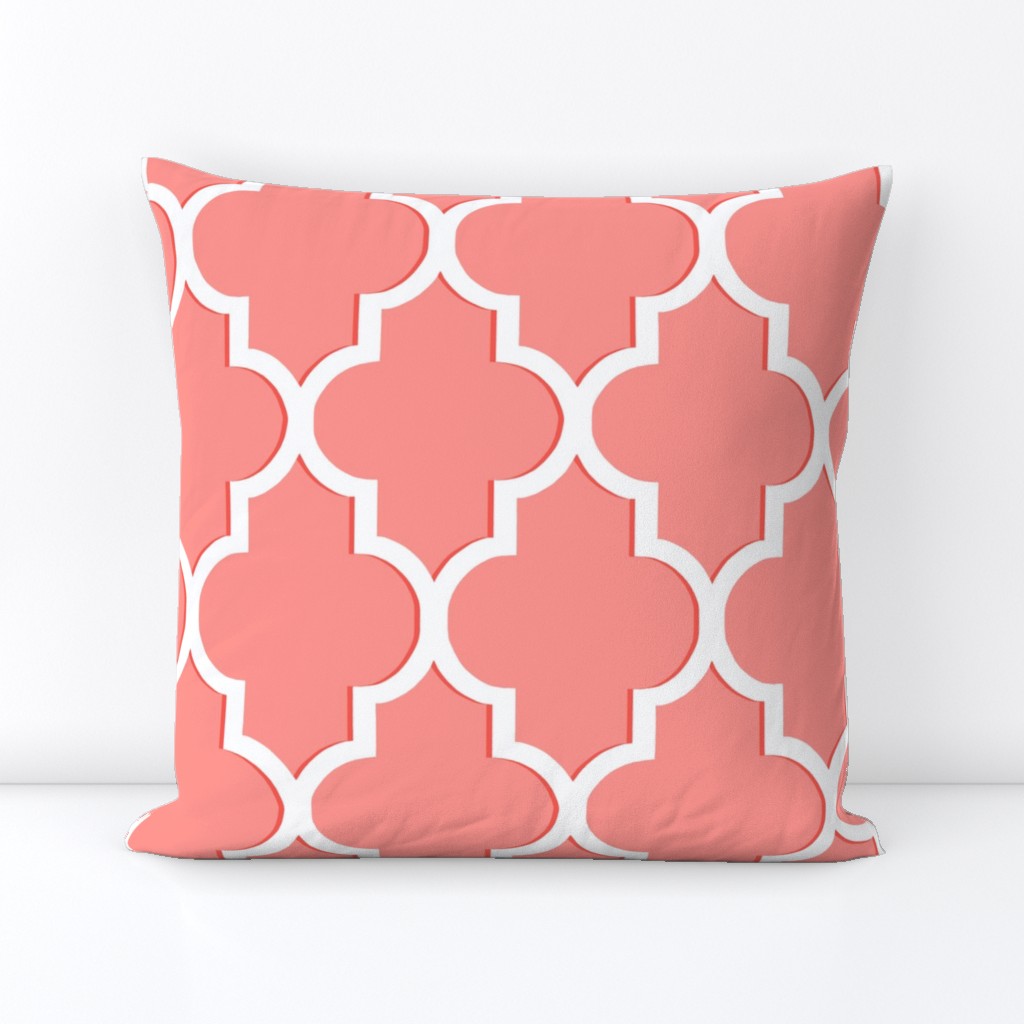 Dimensional Quatrefoil in Coral and White