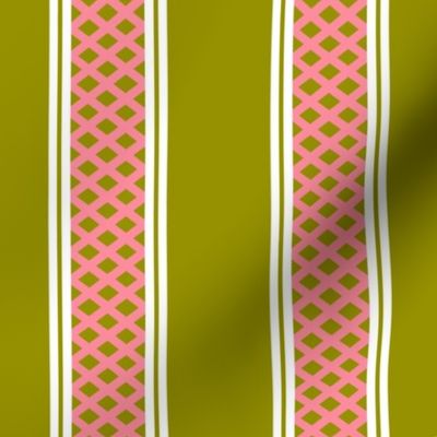 Salmon Pink and Olive Green Lattice Stripes