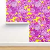 Mid Century Modern Floral ~ Orchid and Fuchsia on La! Yellow