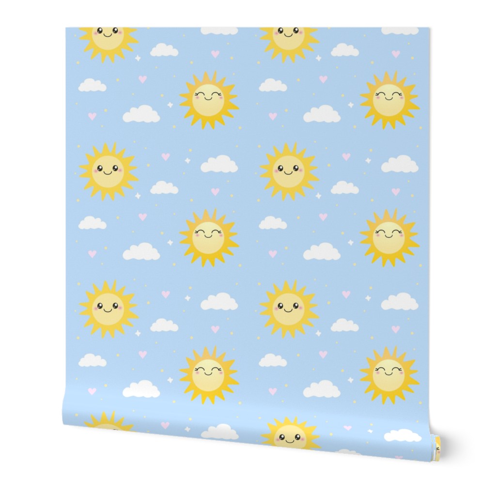 Sunny Days - Cute Happy Sun Pattern  - Kawaii Smiling Sunshine on pastel blue