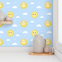 Sunny Days - Cute Happy Sun Pattern  - Kawaii Smiling Sunshine on pastel blue