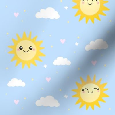 Sunny Days - Cute Happy Sun Pattern  - Kawaii Smiling Sunshine on pastel blue
