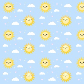 Sunny Days - Cute Happy Sun Pattern  - Kawaii Smiling Sunshine on pastel blue