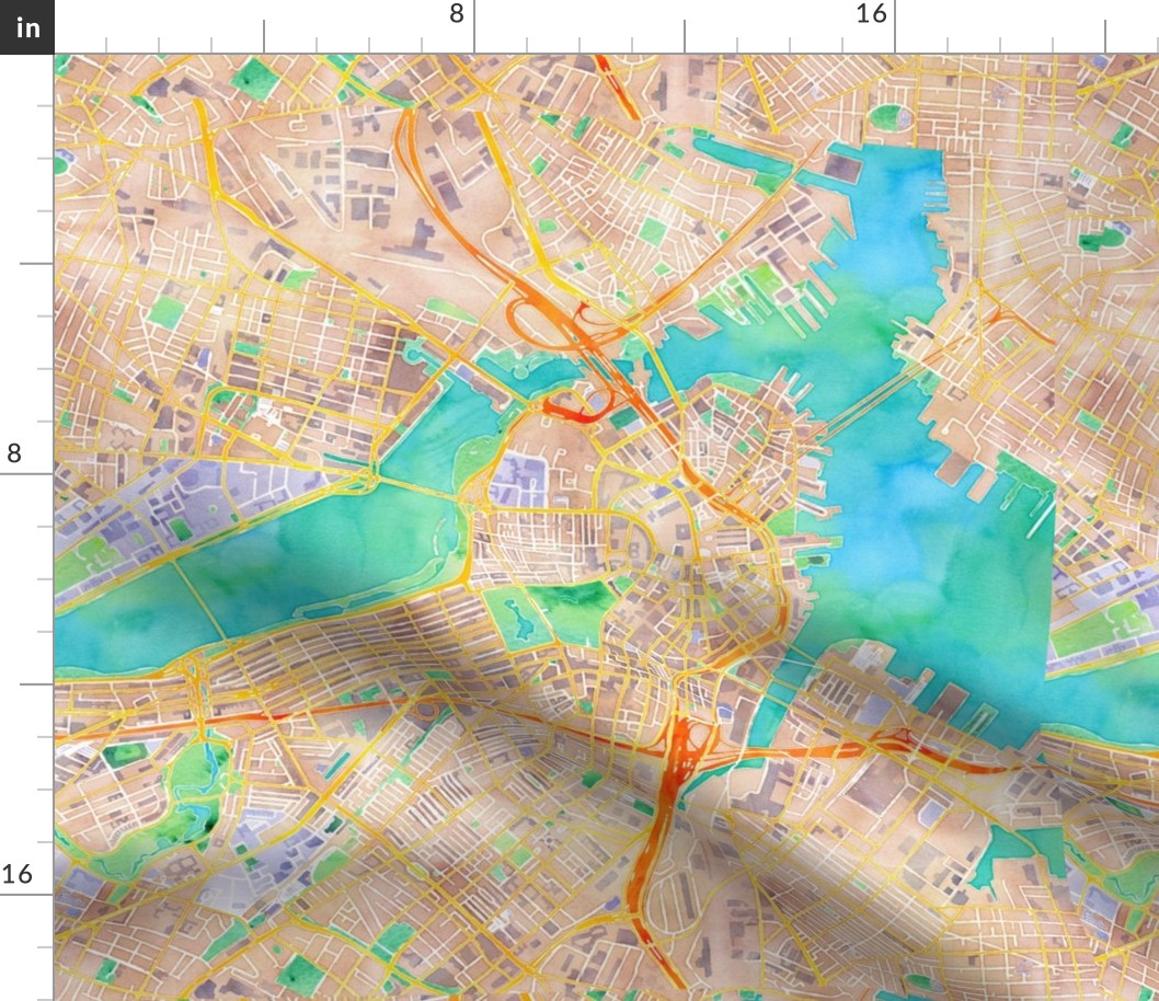 Boston watercolor map fabric