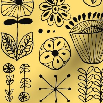 hand drawn flowers yellow and black