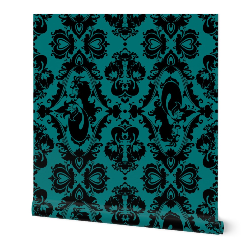 Mermaid Damask Teal and Black