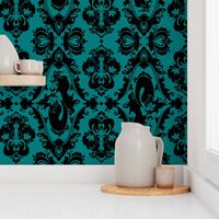 Mermaid Damask Teal and Black