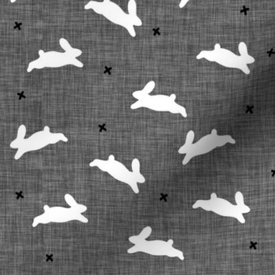 bunnies white on charcoal linen