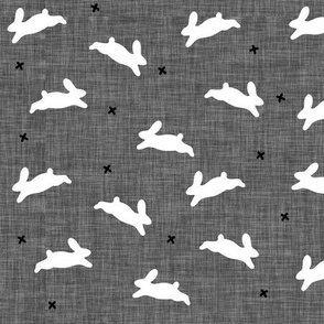 bunnies white on charcoal linen